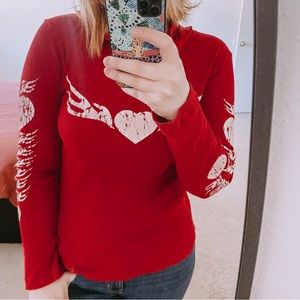 Vintage 90s Sledge USA red long sleeve hooded ribbed tshirt top XL